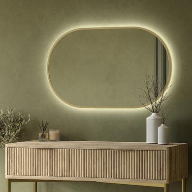 Oval Backlit Brass Wall Mirror with Battery Operated Lights 50 x 80cm - Venus