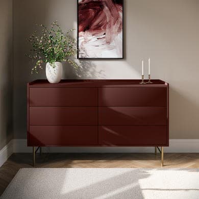 Wide Burgundy Modern 6 Drawer Chest of Drawers - Zane