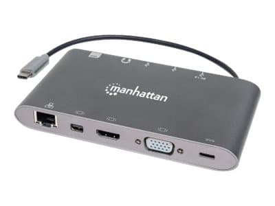 MANHATTAN - USB-C Dock/Hub with Card Reader, Ports (x8): USB-C to HDMI, Audio 3.5mm, Ethernet, Mini DisplayPort, USB-A (x3) and USB-C, With Power Delivery (60W) to USB-C Port (Note add USB-C wall charger and USB-C cable needed),