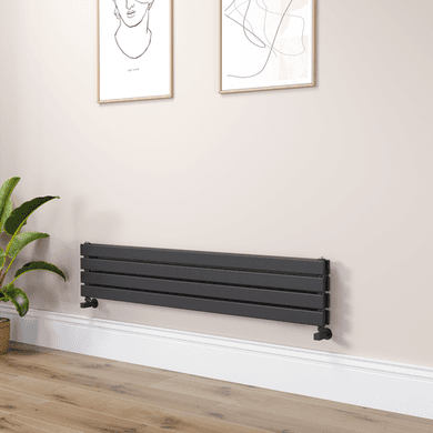 Riace Linea Midnight Black Flat Designer Radiator 280x1400mm Double Panel 2235 BTU - Horizontal Bars
