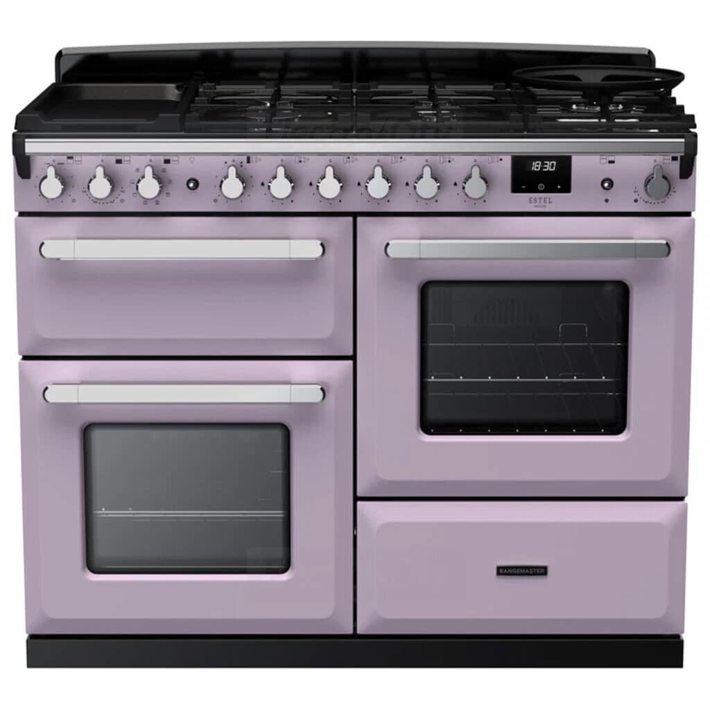 Rangemaster Estel Deluxe 110cm Dual Fuel Range Cooker | Heather with Chrome Trim