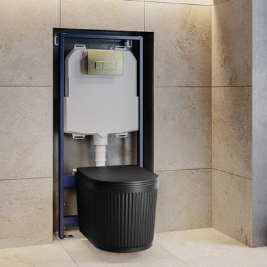 Matt Black Fluted Wall Hung Rimless Toilet with Soft Close Seat, Brushed Brass Pneumatic Flush Plate, 1168mm Frame & Cistern – Oregon