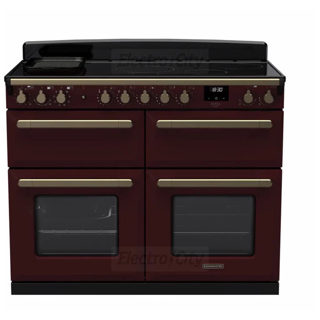 Rangemaster Estel Deluxe 110cm Induction Range Cooker with Slow Cook Oven | Bordeaux with Brass Trim
