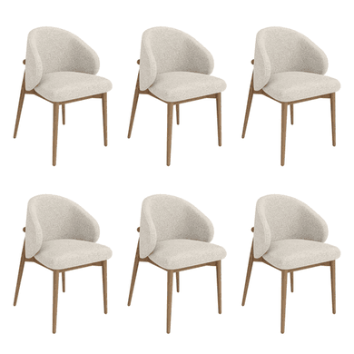 Set of 6 Beige Upholstered Curved Dining Chairs With Solid Oak Exposed Back - Kori