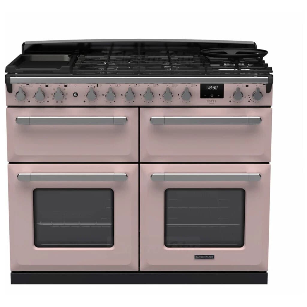 Rangemaster Estel Deluxe 110cm Dual Fuel Range Cooker with Slow Cook Oven | Pale Pink with Chrome Trim