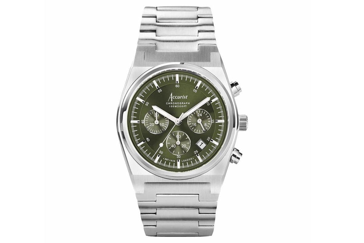 Accurist Origin Men's Chronograph Watch | Silver Case & Stainless Steel Bracelet With Moss Green Dial | 41mm