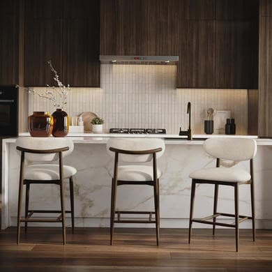 Set of 3 Walnut and Beige Upholstered Curved Kitchen Stools with Solid Wood Open Back - Kori