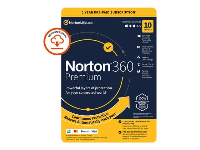 NortonLifeLock - Norton 360 Premium - For   - subscription licence (1 year) - 10 devices - Win, Mac, Android, iOS