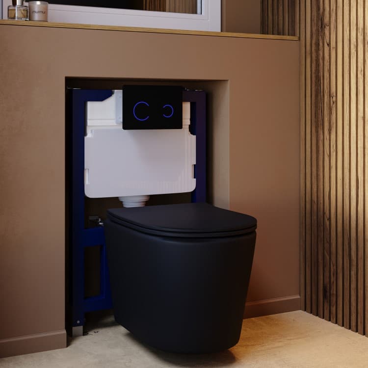 Matt White Wall Hung Rimless Toilet with Soft Close Seat, Black Glass Sensor Flush Plate, 820mm Frame & Cistern – Verona