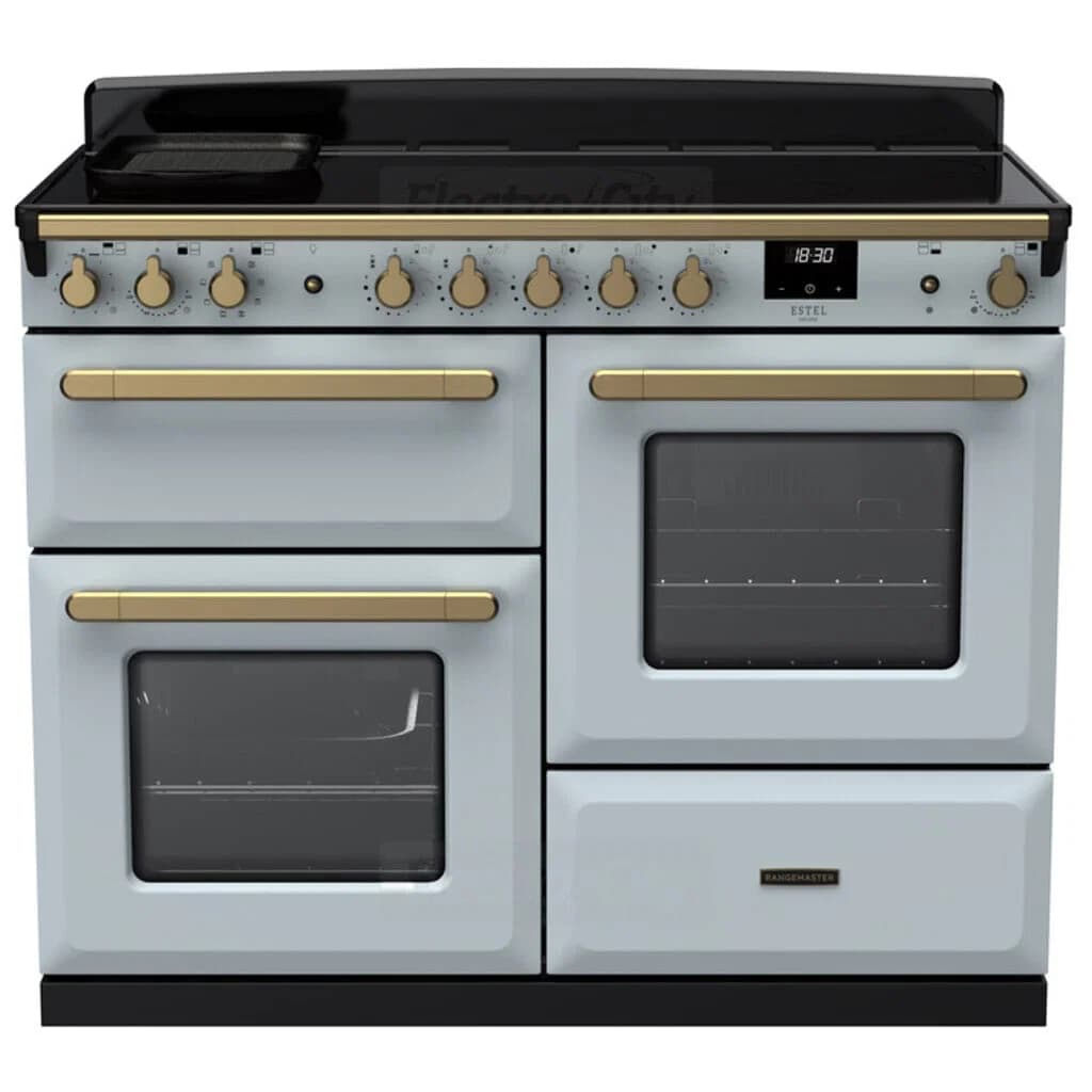 Rangemaster Estel Deluxe 110cm Induction Range Cooker | Misty Blue with Brass Trim