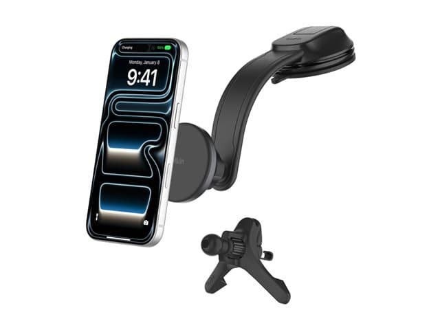 BELKIN - BoostCharge car wireless charging holder - magnetic, with air vent and dash mount + car power adapter - 15 Watt