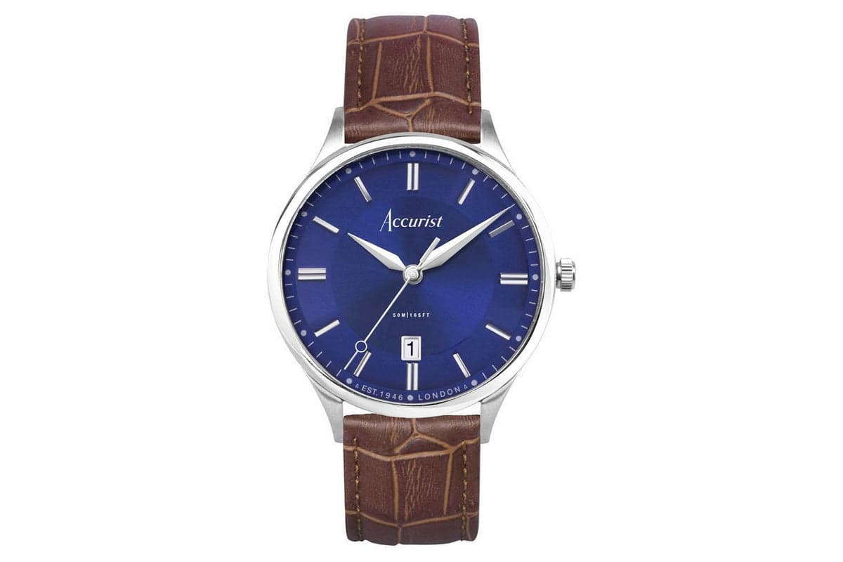 Accurist Classic Men's Watch | Silver Case & Brown Leather Strap With Windsor Blue Dial | 37mm