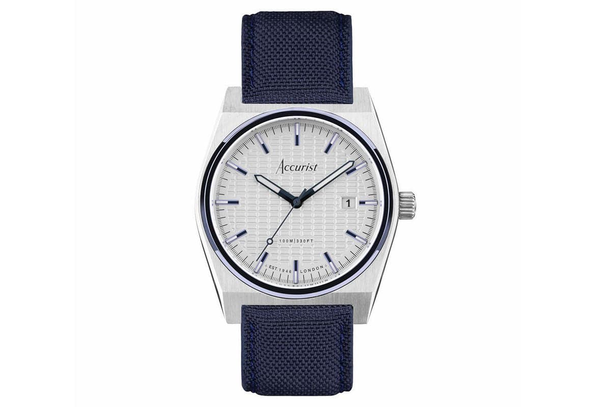 Accurist Origin Men's Watch | Silver Case & Blue Canvas Strap With White Dial | 41mm