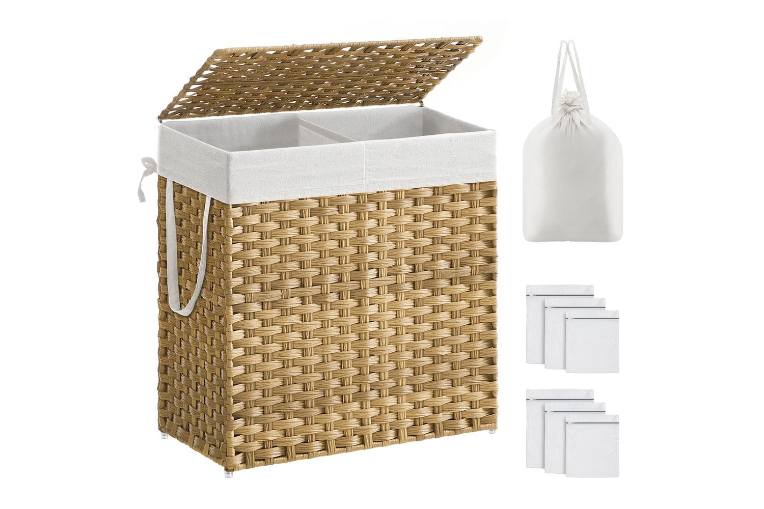 Synthetic Rattan Laundry Basket With Lid | Laundry Hamper | Yellow And White | 110 Litre