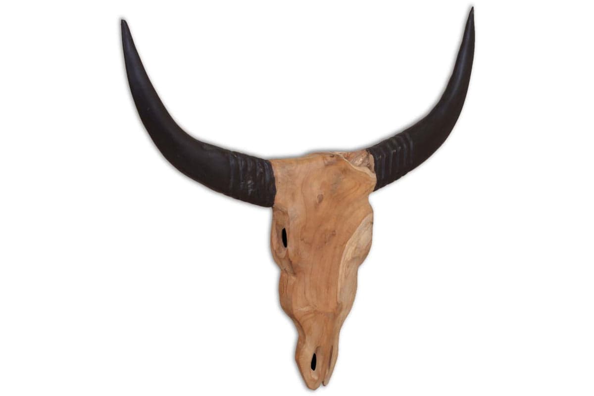 Teak Wood Wall-mounted Bull Skull Sculpture | Brown | 69 x 6 x 60 cm