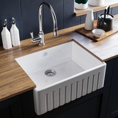 Single Bowl White Ceramic Fluted Beflast Undermount Kitchen Sink- Taylor & Moore Lillie