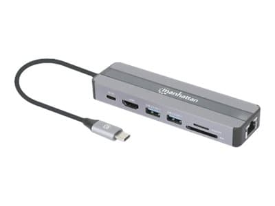 MANHATTAN - USB-C Dock/Hub with Card Reader, Ports (x5): Ethernet, HDMI, USB-A (x2) and USB-C, With Power Delivery (87W) to USB-C Port (Note add USB-C wall charger and USB-C cable needed), All Ports can be used at the same