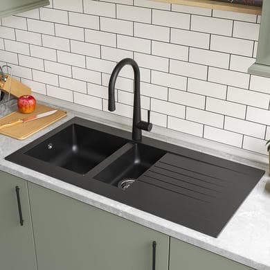 1.5 Bowl Black Reversible Composite Inset Kitchen Sink with Pull Out Kitchen Mixer Tap Set - Essence