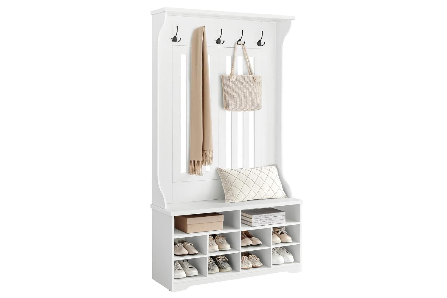 Entryway Coat Rack With Shoe Bench | Hallway Storage Unit | White Composite Wood | 100 X 42.2 X 182.6 Cm