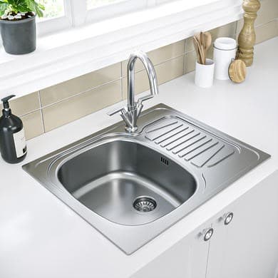 1 Bowl Chrome Stainless Steel Reversible Inset Kitchen Sink with Mixer Tap Set - Essence