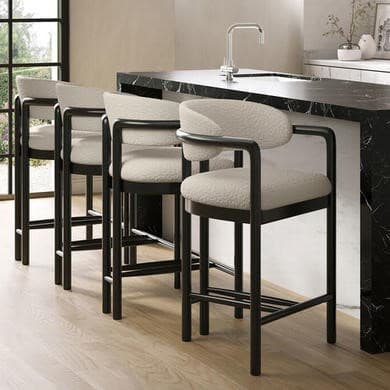 Set of 4 Cream Textured Fabric Kitchen Stools with Black Solid Wood Legs - Darla