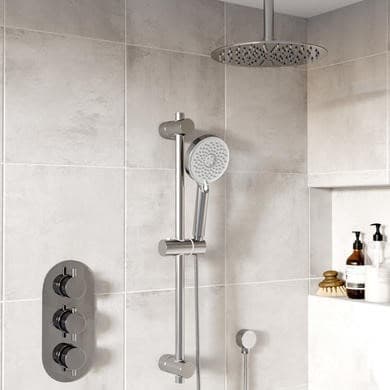 Chrome 2 Outlet Ceiling Mounted Thermostatic Mixer Shower Set with Hand Shower - Flow