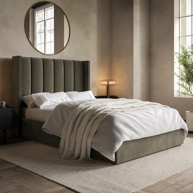 Khaki - Velvet End-Lift Ottoman Storage Bed with Winged Headboard - Maddox