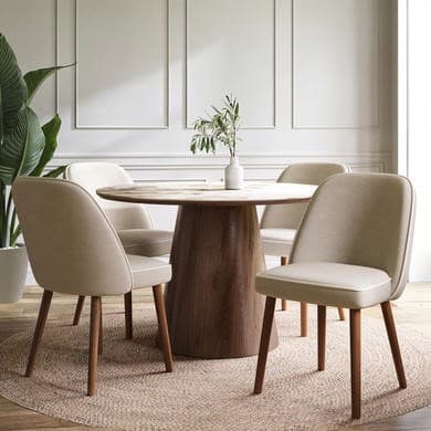 Neutral Ceramic Round Walnut Dining Table Set with 4 Beige Upholstered Chairs - Seats 4 - Malia