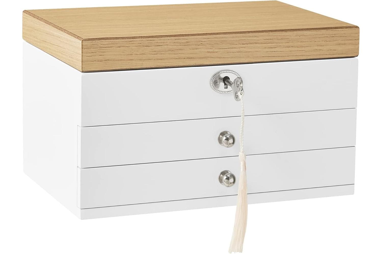 Songmics Wooden Jewelry Box | 3 Tier Organizer | White Wood | 25x18x14.5cm