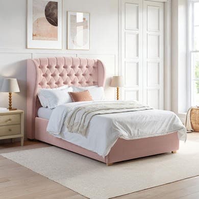 Pink Velvet - End-Lift Ottoman Storage Bed with Winged Headboard - Safina