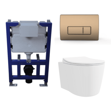Wall Hung Toilet with Soft Close Seat, Brushed Bronze Pneumatic Flush Plate, 820mm Frame & Cistern - Alcor