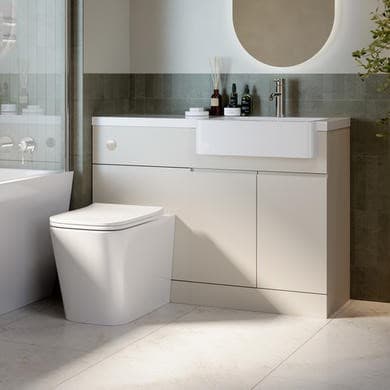 1100mm Beige Right Hand Toilet and Sink Unit with Square Toilet and Chrome Fittings - Bali