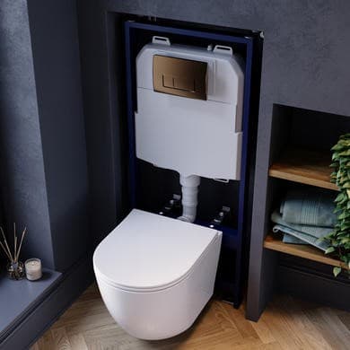 Wall Hung Rimless Toilet with Soft Close Seat, Brushed Bronze Pneumatic Flush Plate, 1168mm Frame & Cistern – Roma