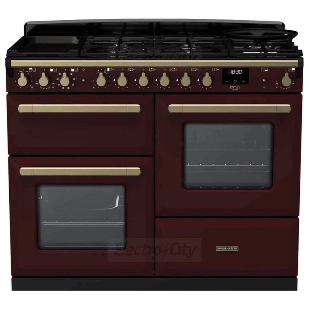 Rangemaster Estel Deluxe 110cm Dual Fuel Range Cooker | Bordeaux with Brass Trim