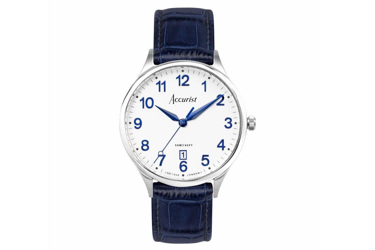 Accurist Classic Men's Watch | Silver Case & Blue Leather Strap With White Dial | 37mm