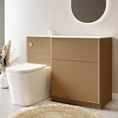 1150mm Wooden Fluted Right Hand Toilet and Sink Unit with Square Toilet and Brass Push Button - Matira