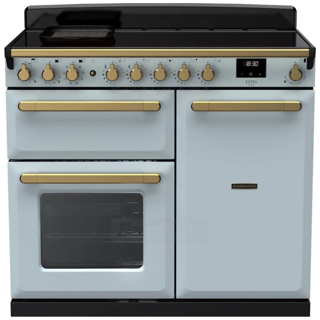 Rangemaster Estel Deluxe 100cm Induction Range Cooker | Misty Blue with Brass Trim