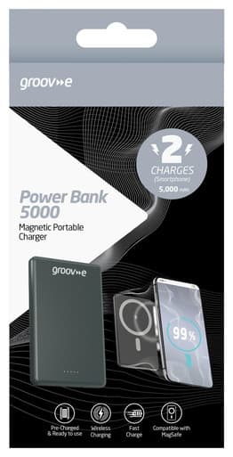 Groove 5000mAH Slim Magnetic Powerbank Charger - USB-C input - USB-A output x 2 - USB-C output x 1 - USB-A to USB-C charging cable inc | GVCH5000MSR