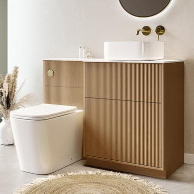 1150mm Wooden Fluted Right Hand Toilet and Sink Unit with Square Toilet & Basin and Brass Push Button - Matira