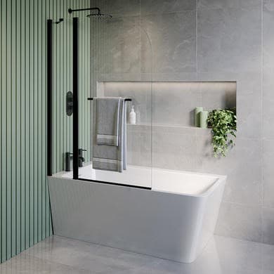 Freestanding Single Ended Left Hand Corner Shower Bath with Black Bath Screen with Fixed Panel & Towel Rail 1500 x 740mm - Kona