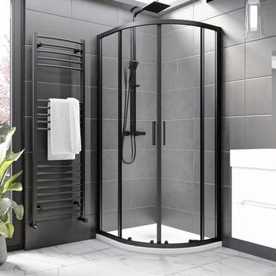 900x760mm Black 8mm Glass Right Hand Offset Quadrant Shower Enclosure with Shower Tray - Pavo