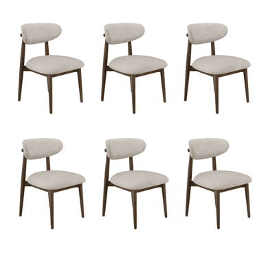 Set of 6 Walnut and Beige Upholstered Curved Dining Chairs with Solid Wood Open Back - Kori