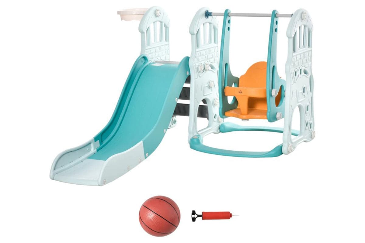 Homcom 331-007 3 in 1 Kid Slide and Swing Set Activity Center with Basketball | Blue/Orange