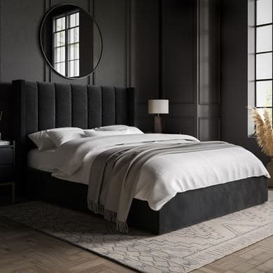 Black - Velvet End-Lift Ottoman Storage Bed with Winged Headboard - Maddox