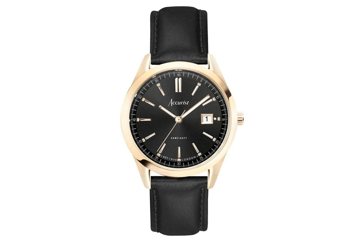 Accurist Everyday Men's Watch | Gold Case & Black Leather Strap With Black Dial | 40mm