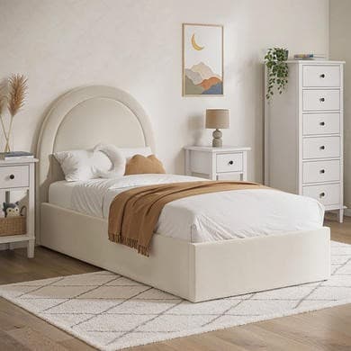 Cream - Upholstered Single Side-Lift Ottoman Bed with Curved Headboard - Nora