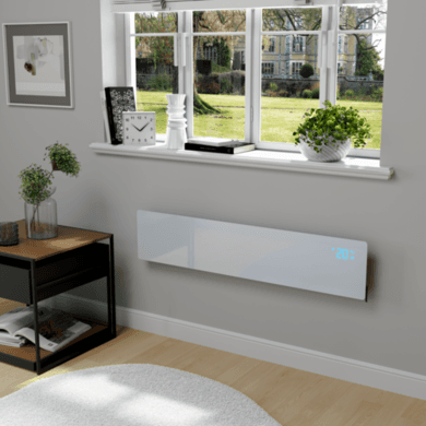 electriQ 750W Smart Slim Gloss White Glass Panel Heater Wall Mounted or Skirting Fitted Bathroom Safe Energy Efficient