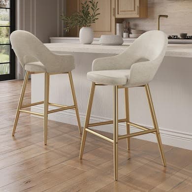 Set of 2 Gold and Beige Upholstered Kitchen Stools with Back - Colbie