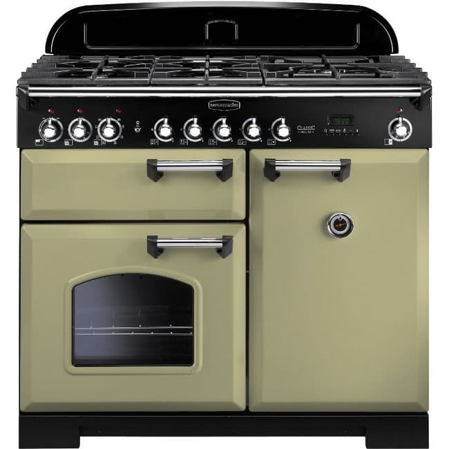 Rangemaster Classic Deluxe Dual Fuel Range Cooker 100cm - Olive Green & Chrome Trim