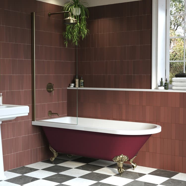 Burgundy Freestanding Single Ended Shower Bath with Brushed Brass Screen & Feet 1670 x 740mm - Park Royal